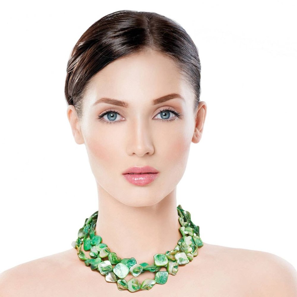 Gold & Metallic GREEN natural shaped acrylic bead 3 strand layered necklace set